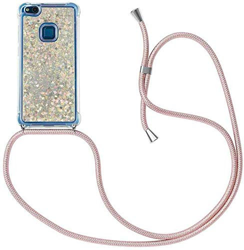 Handykette kompatibel mit für Huawei P10 Lite Hülle,Glitzer Hülle Flüssig Bewegende Treibsand Transparent Handyhülle - Silikonhülle, Hülle mit Band, Stylische Kette mit Hülle für Huawei P10 Lite
