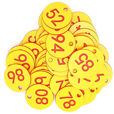 Fortlaufende Nummernaufkleber, 50 Stück Bienenstock-Tag ABS Runde Nummerierte Schilder mit Loch Viehzubehör Rot + Gelb