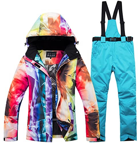 WYOUTDOOR Damen Skianzug Winter Jacke Und Hose Bunte Snowboard Anzug Jacke Und Hose Mit Trägern Wasserdicht Skianzug Mit Kapuze Jacke Schneeanzug,Light Blue,XXL, Hellblau, XXL