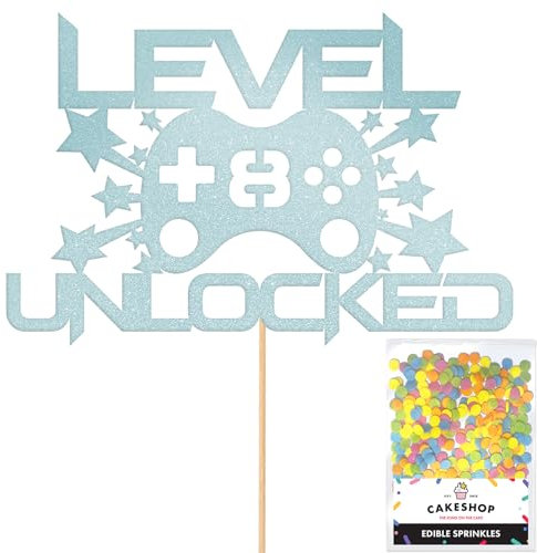 Personalised Gamer Controller Glitter Cake Topper- Light Blue Any Custom Age & Name Glitter Cake Decoration and Sprinkles - Happy Birthday Decorations - Personalised Toppers for Cakes by Cakeshop