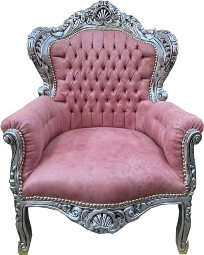 Casa Padrino Barock Sessel Rosa/Silber - Handgefertigter Massivholz Wohnzimmer Sessel mit Kunstleder - Antik Stil Wohnzimmer Sessel - Barock Wohnzimmer Möbel
