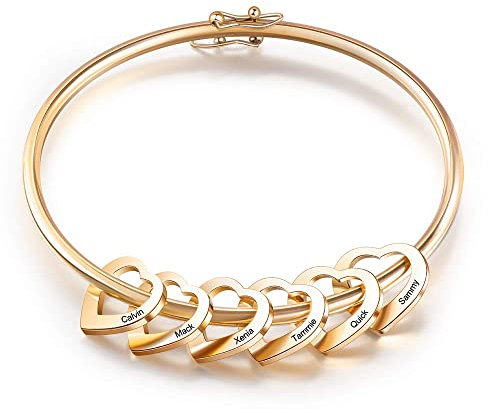 kaululu Damen Personalisierte Armbänder mit 6 Familie BFF Namen Frauen Herz Anhänger Personalisierte Gravur Namen Schmuck Armband für Mutter Tochter Geburtstags Geschenk（Gold）