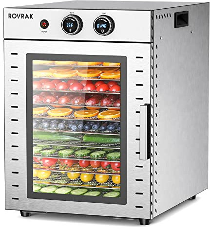 ROVRAk Déshydrateur alimentaire Déshydrateur alimentaire Déshydrateur pour aliments Fruits Viande Herbes Déshydrateur en Acier Inoxydable avec 12 Bols Isolation Double Couche Minuterie Réglable