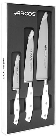 Arcos Riviera Blanc - Juego de Cuchillos de Cocina (Mondador + Santoku + Cuchillo de Chef) - Acero Inoxidable Forjado NITRUM - Mango POM - Color Blanco