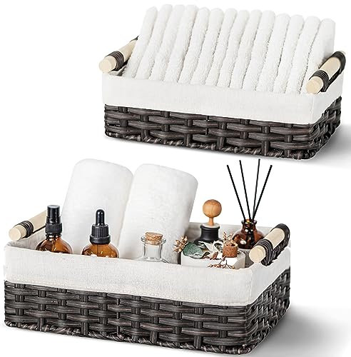 GRANNY SAYS Paniers Rangement Osier, Lot de 2 Paniers et Boîtes de Rangement avec Poignées en Bois, Panier Papier WC Décoration, Panier Osier Rectangulaire, Panier Rangement Salle de Bain, Marron