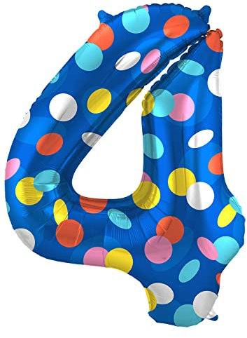 Folat 64184 Luftballon Geburtstag Ziffer Zahl 4 Colorful Dots Blau mit farbigen Punkten 86 cm - Helium Ballon Decoration Geburtstagdeko, Ballon Zahl