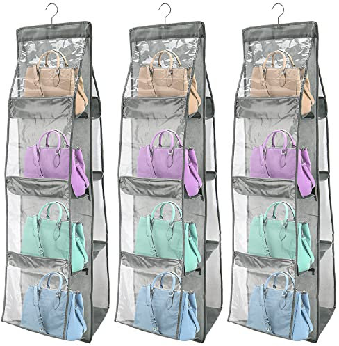 HAKZEON 3 Pack Handbag Hanging Organizer, 8 Pocket Hanging Purse Organizer, Oxford Cloth Closet Organizer Handbag Storage Hanger for Wardrobe Bedroom Closet, Grey