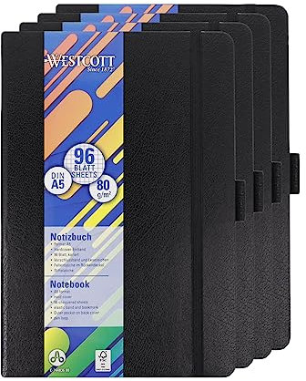 Westcott Notizbuch DIN A5 kariert (4 Stück) | 4-er Pack mit je 192 Seiten im edlen Hardcover-Einband | 80 g/m² nachhaltiges FSC-Mix Papier | mit Innentasche, Lesezeichen & Stifthalter | E-744836 00