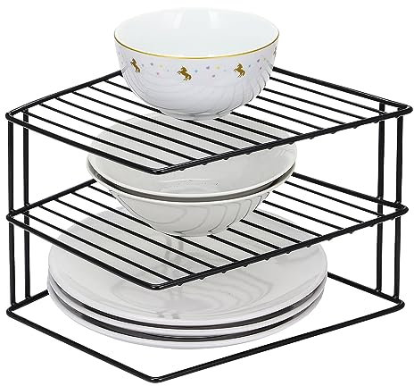 Taylor & Brown 3 Tier Corner Kitchen Plate Bowl Rack Stand Holder Tidy Cupboard Shelf Insert Storage Organiser, Space Saving, H19 x W25.5 x D25.5cm, Black