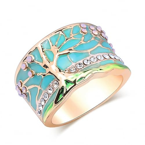 Hokygoky Women Tree of Life Lucky Flower Wide Band Ring Gold Pink Opal Green Enamel Resin Plated Dainty Tree Rhinestone Statement Thumb Index Full Finger Chunky Ring Party Crystal Vintage Jewelry