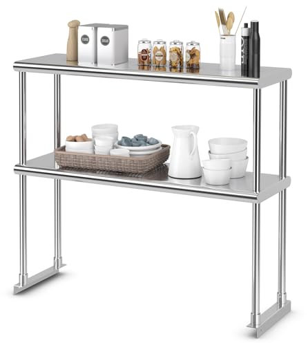 COSTWAY 92cm/122 cm Double Tier Overshelf, 2-Tier Stainless Steel Kitchen Shelf with Adjustable Lower Shelf, Heavy Duty Commercial Work Table for Restaurant, Home, Kitchen (92 x 30 x 85cm)