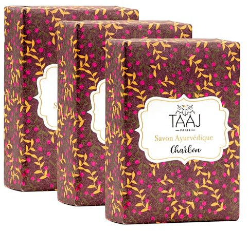 TAAJ | Ayurvedische Kohleseife | Reinigt die Haut von Giftstoffen und Unreinheiten | Erhält das natürliche Gleichgewicht der Haut | Vegan | Menge von 3x100GR
