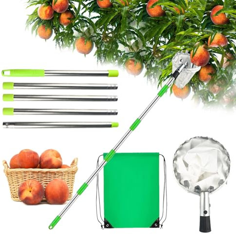 TKGEOUE Obstpflücker Diameter 16 cm, 2.2M Obstpflücker mit Stiel, Kirschenpflücker, Pflaumenpflücker, Apfelpflücker mit Baumwollbeutel, Verstellbare Spleiß-Verlängerung Obstpflücker Stange