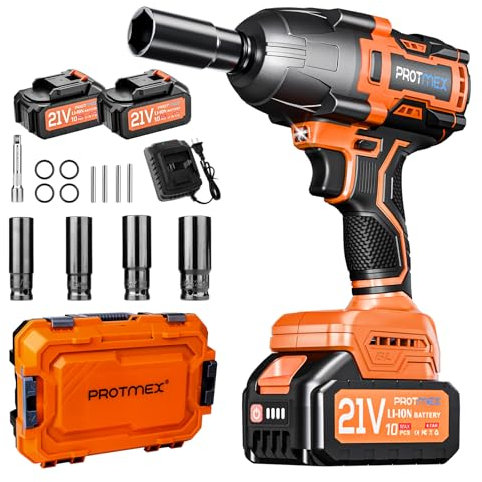 Protmex Avvitatore a Impulsi Senza Filo, 1200 Nm di Coppia Massima, Chiave a Percussione 1/2 ad Alta Potenza con 2 Batterie da 4,0 Ah e Caricabatterie, Adatto per Auto Familiare/Pickup/Tosaerba