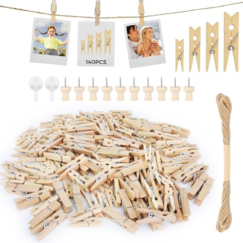 HavaCue 140 Pezzi Mollette Legno Piccole 2.5/3/3.5/4.5CM Mollette Legno Matrimonio Mollettine Piccole per Foto per Esposizione Polaroid Foto con 10M Jute String (Naturale)