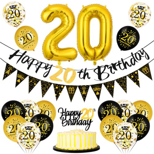 20. Geburtstag Deko Mann Frau - Luftballon Schwarz Gold, Happy Birthday Banner Wimpelkette, Folienballon Zahl 20, Cake Topper für Party Dekoration