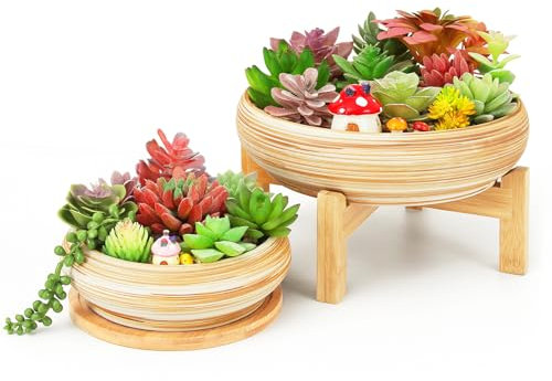 ARTKETTY Macetas para suculentas, maceta grande de cerámica de 7.3/10 pulgadas con bandeja de drenaje, macetas poco profundas para suculentas, cactus, plantas pequeñas, regalos de cumpleaños para