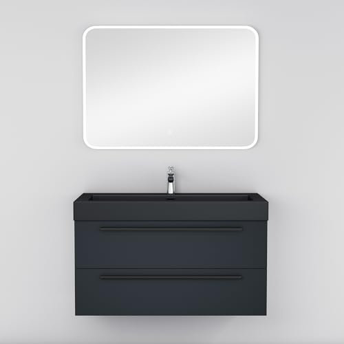 Mai & Mai Badmöbel-Set Waschbeckenunterschrank 100 cm, Waschtisch mit Unterschrank in matt Anthrazit, inkl. Waschschbecken aus Mineralguss und LED-Badspiegel Quadratto