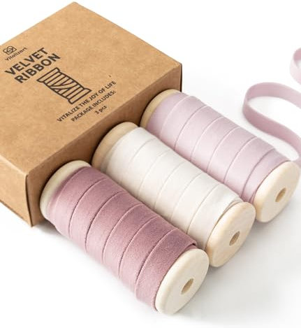 Vitalizart Samtband Set Rosa & Weiß 0,95 cm x 4,57 m x 3 Rollen mit Hölzernen Spule, Stoffband für Weihnachten Kranz Dekoration Handgemachte Handwerk Ornamente & Geschenkverpackungen