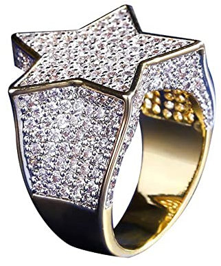 RobertDTesta Pentagramm Diamant Ring Stern Zirkon Ring Herren Vergoldet Rap Hip Hop Accessoires Pentagramm Ring,Gold,9