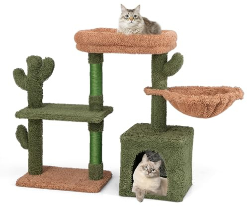 COSTWAY Arbre à Chat Cactus 81 cm, Tour pour Chats à 4 Étages, 3 Plateformes, Panier, Condo, Petit Arbre à Chat, Poteaux à Griffer en Sisal, Coussin Amovible, Centre d'Activités pour Chats