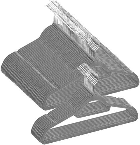 MELA'S Velvet Hangers, Set of 100, Non-Slip Clothes Hanger, Small Tie Bar, Rotating Hook,Thickness 0.6 cm,Space-Saving, Length 44 cm for Coats/Trousers/Ties, Grey/White/Black (Elegant Grey)