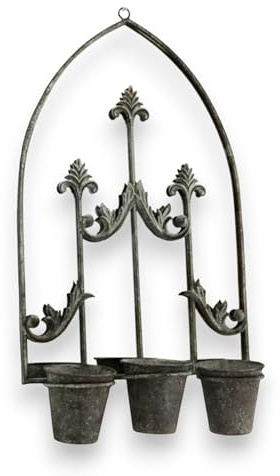 AcaciaHome Vintage Rusty Metal Wall Mirror with Triple Planter 3 Pots Holder - 70cm Arch Design, Indoor/Outdoor Large Garden & Patio Décor for Living & Garden Spaces (1, Vintage Framed)