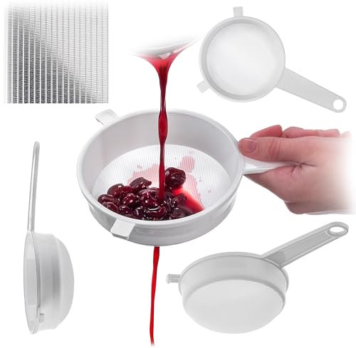 KADAX Passoire de cuisine 12 cm, passoire en plastique à mailles fines pour la cuisine, passoire fine en plastique avec longue poignée, blanche
