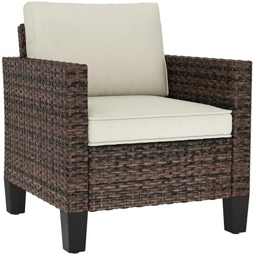 Outsunny Single Seater Rattan Garden Armchair, PE Wicker Rattan Chair with Armrests and Cushions, Garden Chair with Galvanised Steel Frame for Conservatory, Porch, Brown