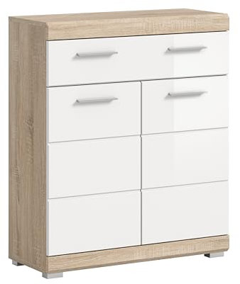 furnling Standschrank Laurent, Badkommode, FSC Zertifiziert, 2 Türen, 1 Schublade, Hochglanz-Front, Badschrank, Badmöbel, 74 cm breit, Sonoma Eiche hell/weiß