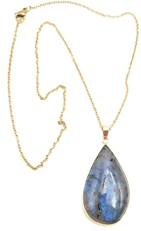 Pendentif Labradorite Naturelle Qualité AAA avec Chaîne Dorée en Acier Inoxydable – Pierre Naturelle Véritable – Pierre de Protection et d'Intuition - Bijou Femme – Création Artisanale Française