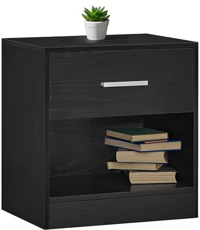 IlGruppone Comodino Moderno Cassetto con Maniglia E Scomparto Aperto Camera da Letto Portalibri Oggetti Mensola Libreria - Nero