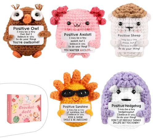 ASMPCUE 5er Set Pocket Hug Positive Doll, Creative Knitting Wool mit Holzsockel, Stressabbau Fluffy Stuffies Lucky Charm Courage, Get Well Gift, Cheer Up School Gift (5er Doll Set 2)