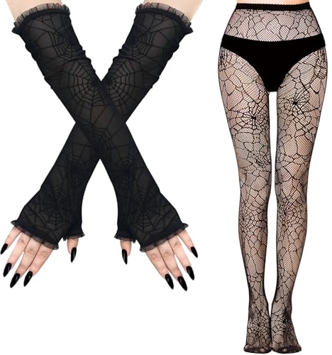 2 Stück Netzstrumpfhose Schwarz Halloween Handschuhe Fingerlos, Strumpfhose Spinnennetz Fingerlose Handschuhe, Spinnen Strumpfhose Damen, Strumpfhosen Damen Muster für Halloween Karneval Cosplay