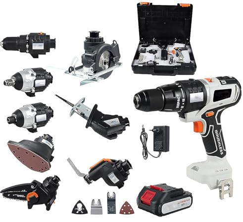 Compact 10 Piece Cordless Power Tool Kit，Cordless Woodworking Set with 6A Batteries & Charger，Drill Starter Power Tool Combo Kits，Screwdriver Wrench Impact Drill Sander for Garden，House Repair