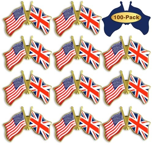 10/20/50/100 Pack Official USA UK United States Kingdom Friendship Flag Pins Bulk 1.4”-Metal American Union Jack UK Badge Pins Souvenir Hat Men Women Patriotic Travel Brooch