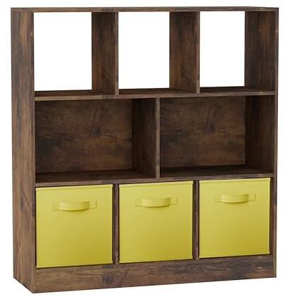 URBNLIVING Rustic Brown 8-Cube Asymmetrical Bookcase with 3 Drawer Inserts – Wood Storage Unit and Shelving Organizer- Yellow