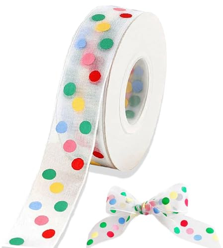 Organzaband Geschenkband,Dekoband Punkte,Breit Schleifenband Hochzeit Seidenband Dekorative Bänder,25 mm X 21 m(Bunte Punkte)
