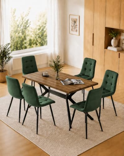 LEWE esstisch Holz mit 6 Dunkelgrün Holländischer Samt stühlen Set | Dunkle Rechteckig Tischplatte 140 x 80 cm, Stuhl-und Tischbeine aus Metall, ergonomisch, geeignet für Küche Wohnzimmer