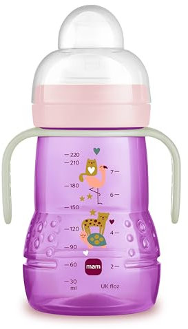 MAM Biberon de transition 4+ mois (220 ml) rose – Biberon d'apprentissage avec 1 tétine débit 3 rapide + 1 bec anti-fuite – Biberon avec poignées ergonomiques pour apprendre à boire comme un grand