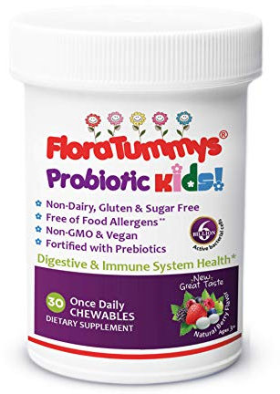 FloraTummys Kids Chewable Probiotic: Non-Dairy, Gluten Free, Sugar Free, Free of Food Allergens, Non GMO, Kosher Certified