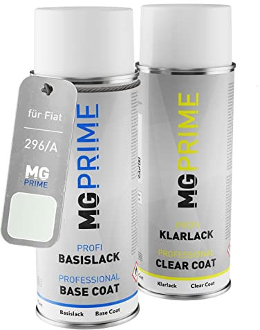 MG PRIME Vernice per auto Kit di bombolette a spruzzo per Fiat 296/A / 296 Bianco Gelato/Gelato Weiss Bomboletta spray da 400ml di vernice di base vernice trasparente