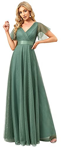 Ever-Pretty Robe de Demoiselle d'honneur Soirée Bal Col en V Manches Courtes A-Line Taille Empire Longue Tulle Femme Vert Mousse 40