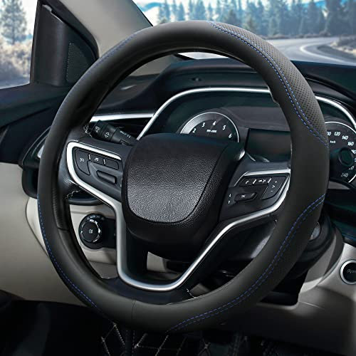 Pahajim Auto Lenkradbezug Leder Lenkradhülle Universal Anti Rutsch Steering Wheel Cover Gemütliche Atmungsaktive Lenkradschoner 38cm für Frauen und Männer (Schwarz Blau)