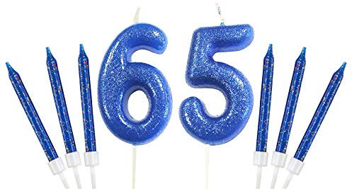 Gadget - Vela con número gigante para tarta de cumpleaños con purpurina, disponible en color dorado, azul, rosa, plata y oro rosa, azul, Number 65