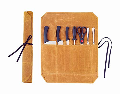 Denifiter 16 OZ Robustes strapazierfähiges gewachstes Segeltuch Messerrolle, für köche messertasche 7 Fächer Messerkoffer (Khaki)