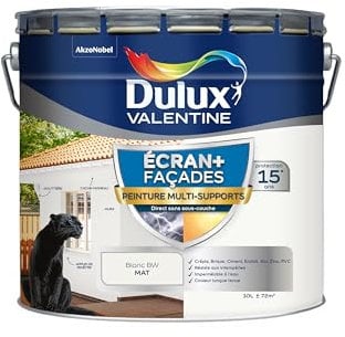 Dulux Valentine Peinture Ecran+ Multi-Supports Extérieure Façades - Crépis, Briques, Ciment, Enduit, Alu, Zinc, PVC - Couleur Longue Tenue - Mat Blanc 10L