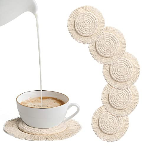 besbomig 6 Stück Untersetzer Gläser, Rund Boho Untersetzer für Getränke, Handgefertigt Makramee Glasuntersetzer Tassenuntersetzer für Heimdekoration, Tassen, Vasen Deko - Beige