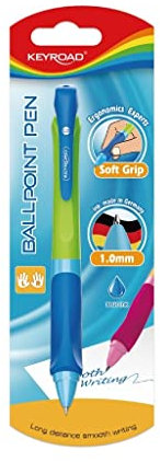 KEYROAD Druckkugelschreiber Kugelschreiber 1,0 mm/ 1 Stück/Loch zum Aufhängen Blister/Ballpoint Pen Kuli/für Links- und Rechtshänder/Farbiges Gehäuse/Blaue Tinte/das Büro Vorschule und Schule
