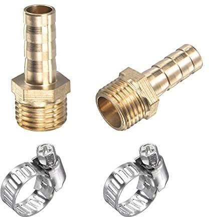 sourcing map Brass Hose Barb Fitting Straight 8mm x G1/4 Male Thread Pipe Connector with Stainless Steel Hose Clamp, Pack of 2